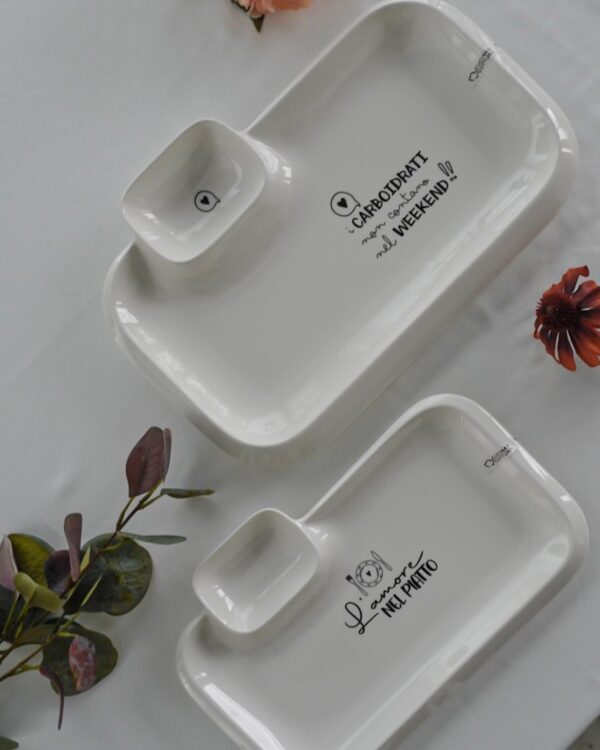 Piatto Vassoio Rettangolare con Doppio Scomparto Con Frasi Bianco In Ceramica AD 2 Misure