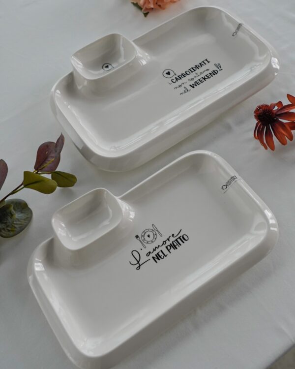 Piatto Vassoio Rettangolare con Doppio Scomparto Con Frasi Bianco In Ceramica AD 2 Misure