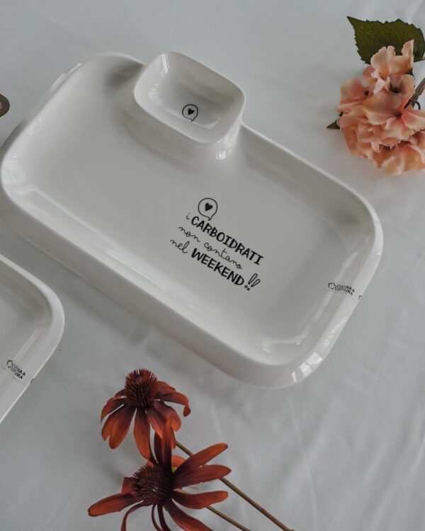 Piatto Vassoio Rettangolare con Doppio Scomparto Con Frasi Bianco In Ceramica AD 2 Misure