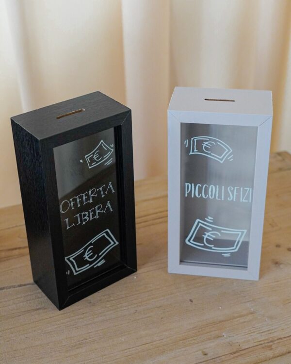 Salvadanaio In Legno Mdf e Vetro Con Frasi Simpatiche Nero o Grigio