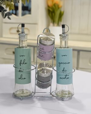 Set Douglas 4 Contenitori Dispencer Condimento Olio Aceto Sale e Pepe Con Supporto