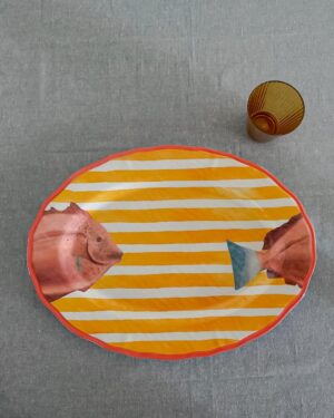 Piatto Vassoio Ovale Marea In Melamina 46 cm A Righe Giallo e Bianco