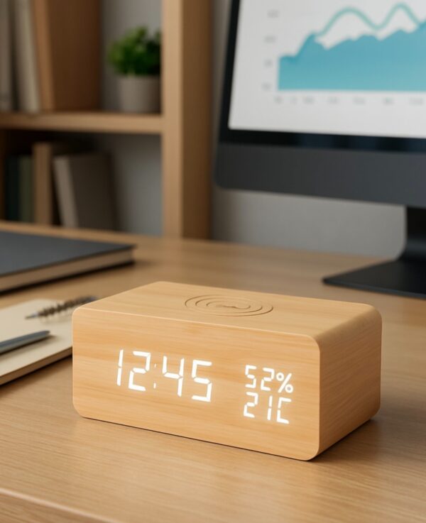 Sveglia Minimal Con Ricarica Wireless per SmartPhone Data Temperatura Umidità Allarme-19957