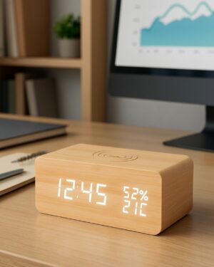 Sveglia Minimal Con Ricarica Wireless per SmartPhone Data Temperatura Umidità Allarme