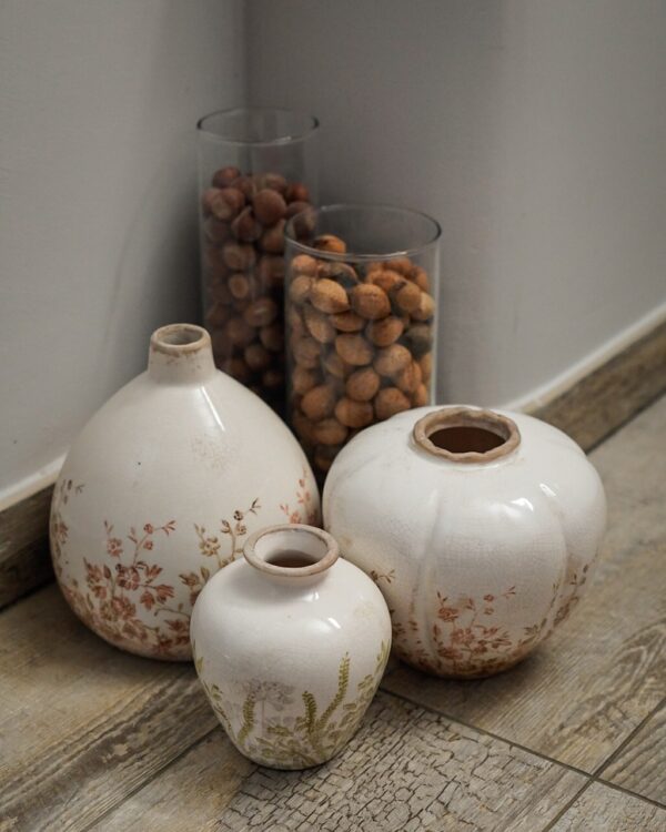 Vaso In Ceramica in 3 Dimensioni Bianco Effetto Craquele con Floreale Verde o Bordeaux