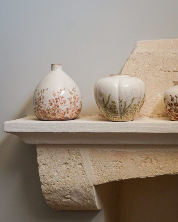 Vaso In Ceramica in 3 Dimensioni Bianco Effetto Craquele con Floreale Verde o Bordeaux