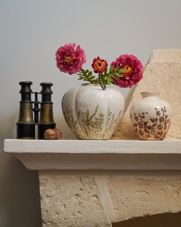 Vaso In Ceramica in 3 Dimensioni Bianco Effetto Craquele con Floreale Verde o Bordeaux