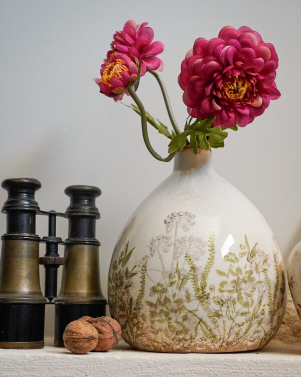 Vaso In Ceramica in 3 Dimensioni Bianco Effetto Craquele con Floreale Verde o Bordeaux