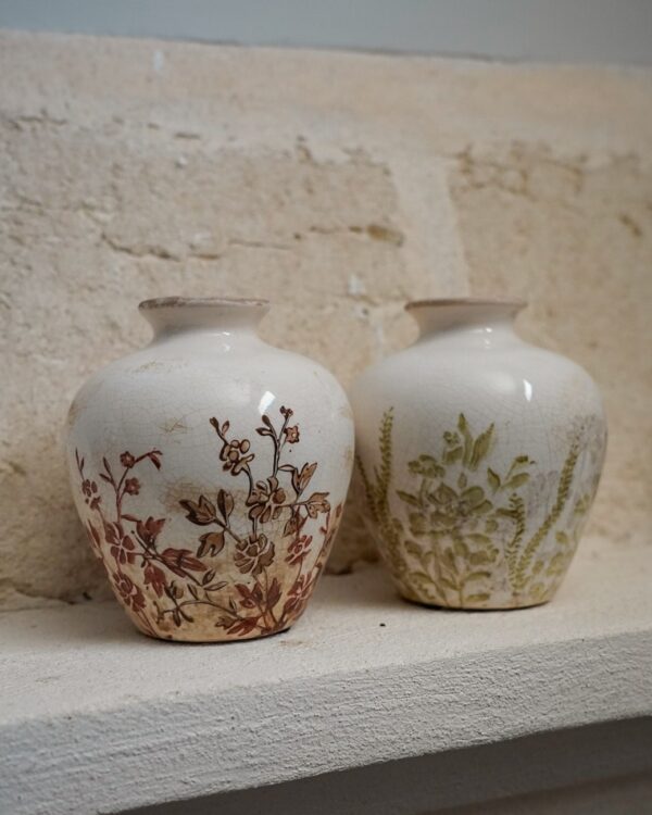 Vaso In Ceramica in 3 Dimensioni Bianco Effetto Craquele con Floreale Verde o Bordeaux