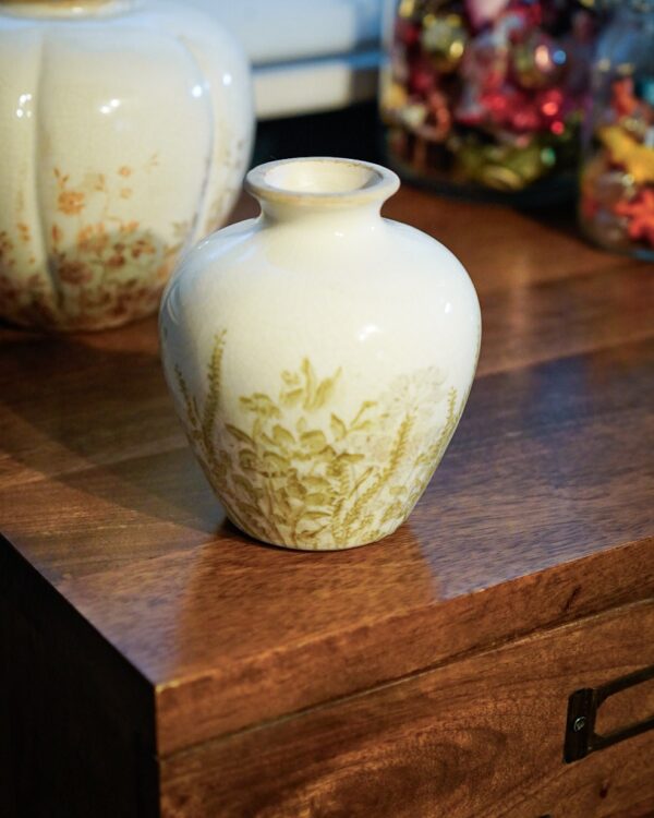 Vaso In Ceramica in 3 Dimensioni Bianco Effetto Craquele con Floreale Verde o Bordeaux