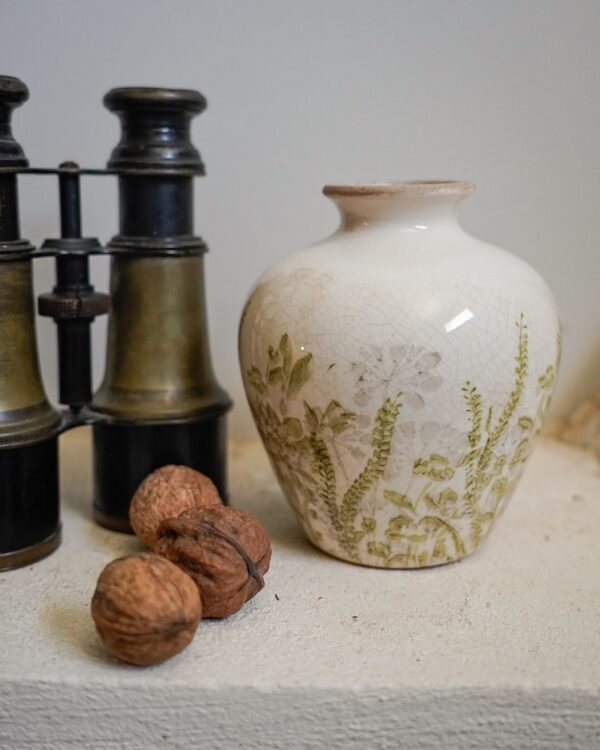 Vaso In Ceramica in 3 Dimensioni Bianco Effetto Craquele con Floreale Verde o Bordeaux