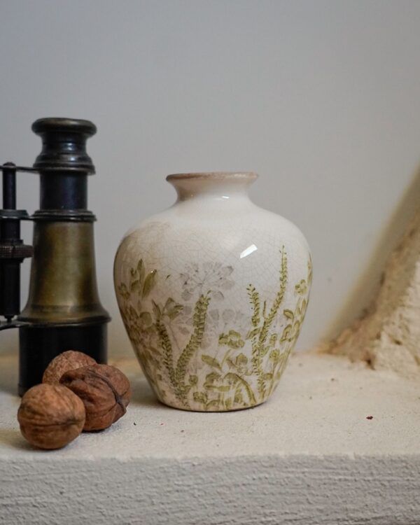 Vaso In Ceramica in 3 Dimensioni Bianco Effetto Craquele con Floreale Verde o Bordeaux